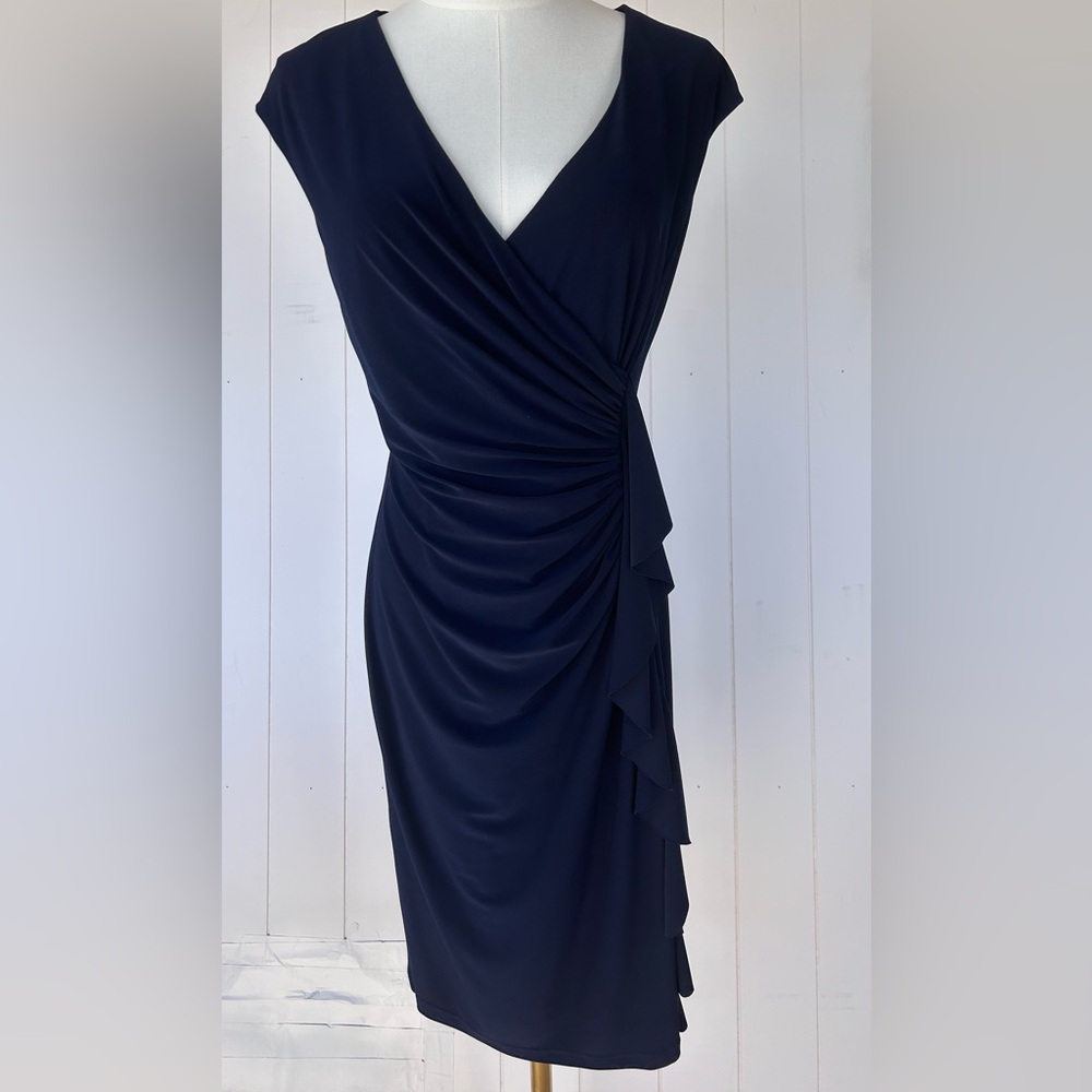 Black Label by Evan Picone Ruched Faux Wrap‎ Dress Ruffled Cascade Detail Size 6